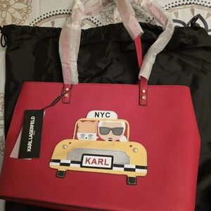 Karl Lagerfeld Maybelle Red Tote with Taxi Graphic